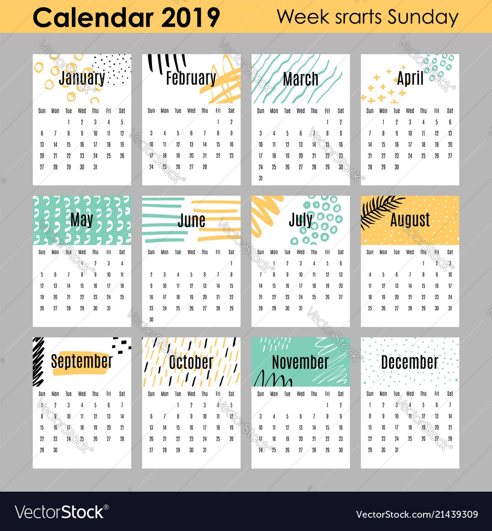 Modern Creative Calendar 2019 12 Design Templates Vector Image 