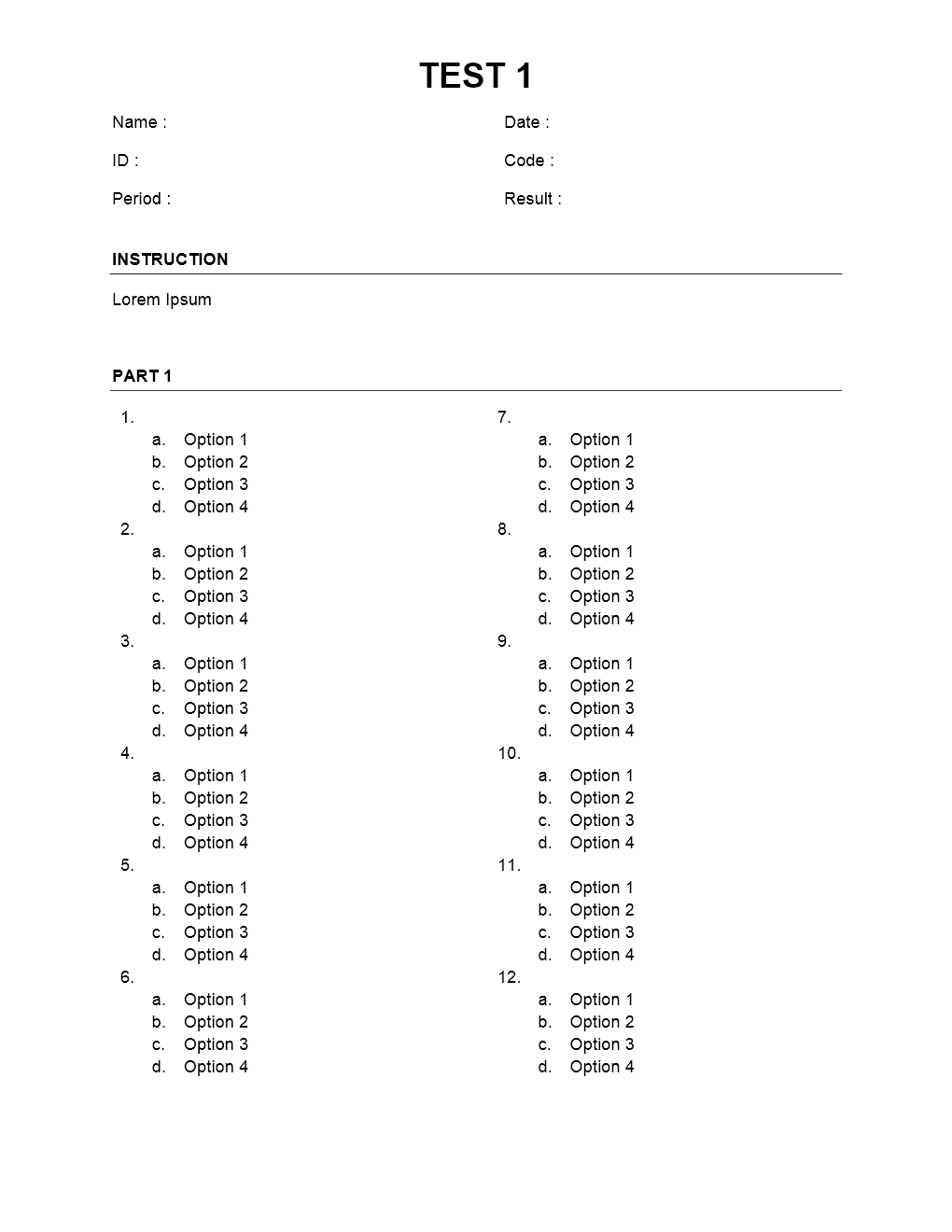 Multiple Choice Sheet 