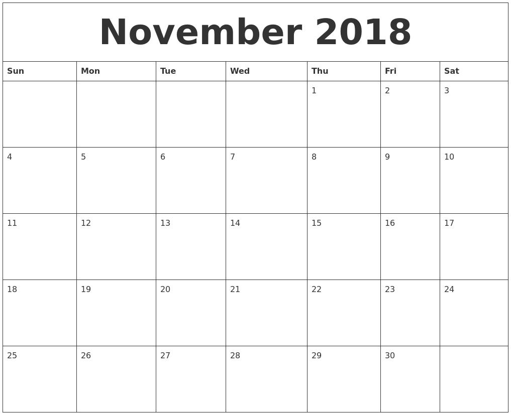 November 2018 Online Printable Calendar 