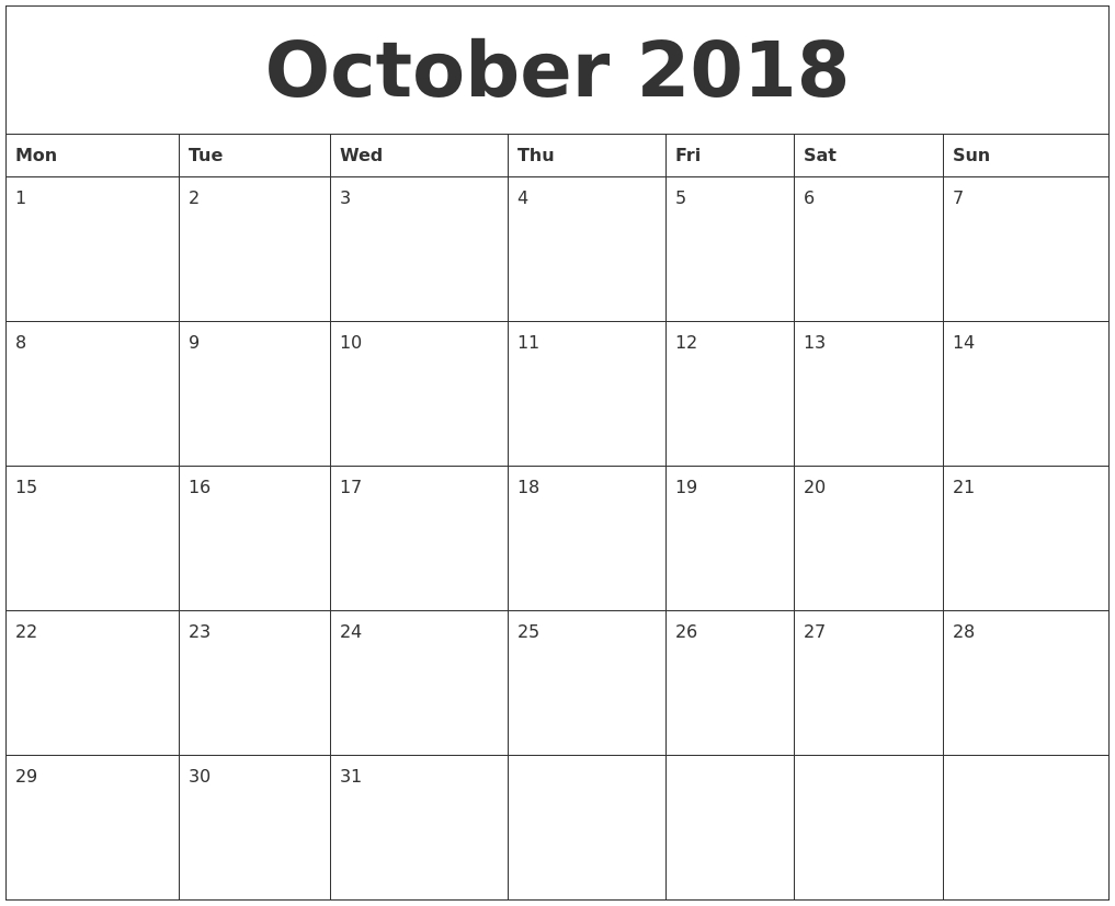 October 2018 Word Calendar 