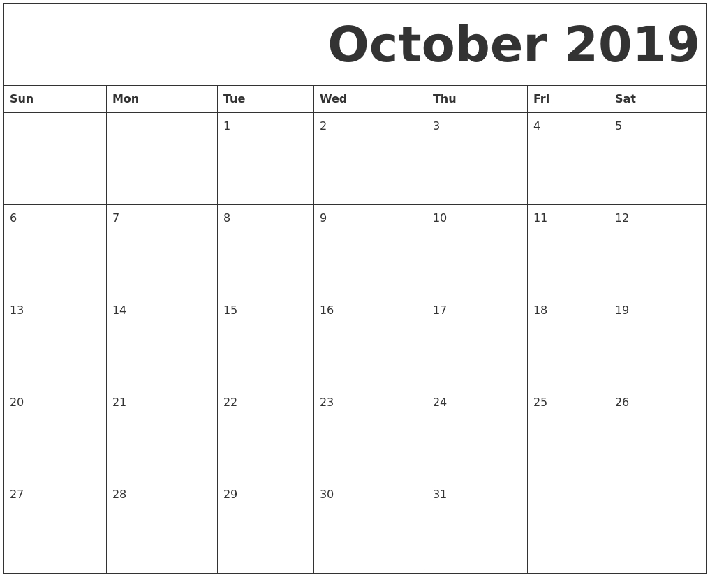 October 2019 Free Printable Calendar 