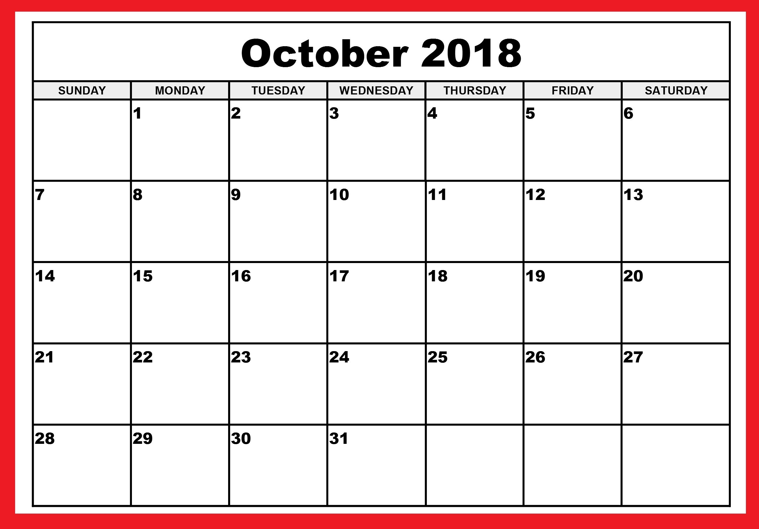 October Month Calendar 2018 Printable October 2018 Calendar