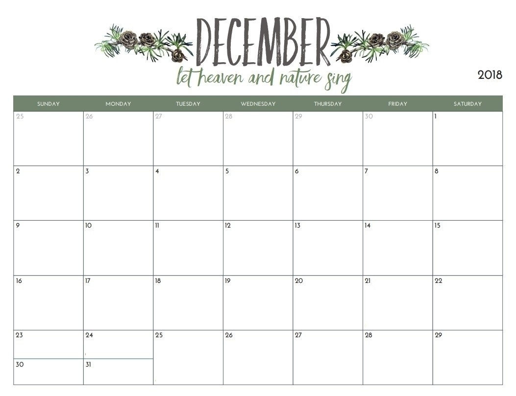 Pretty Printable Calendar December 2018 Blank Calendar Template 