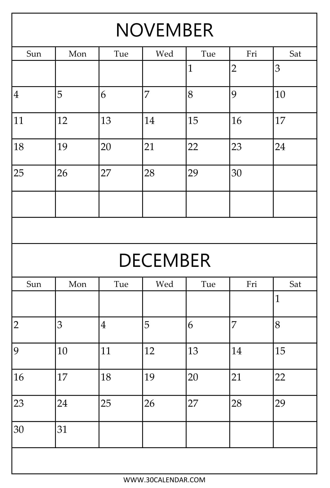 Print Free Calendar 2018 November December Two Months Template