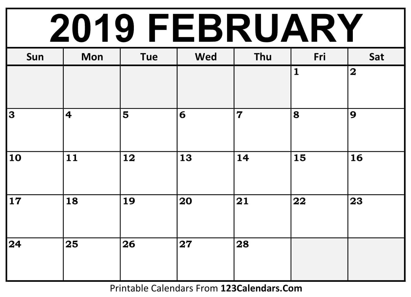 Printable February 2019 Calendar Templates 123calendars