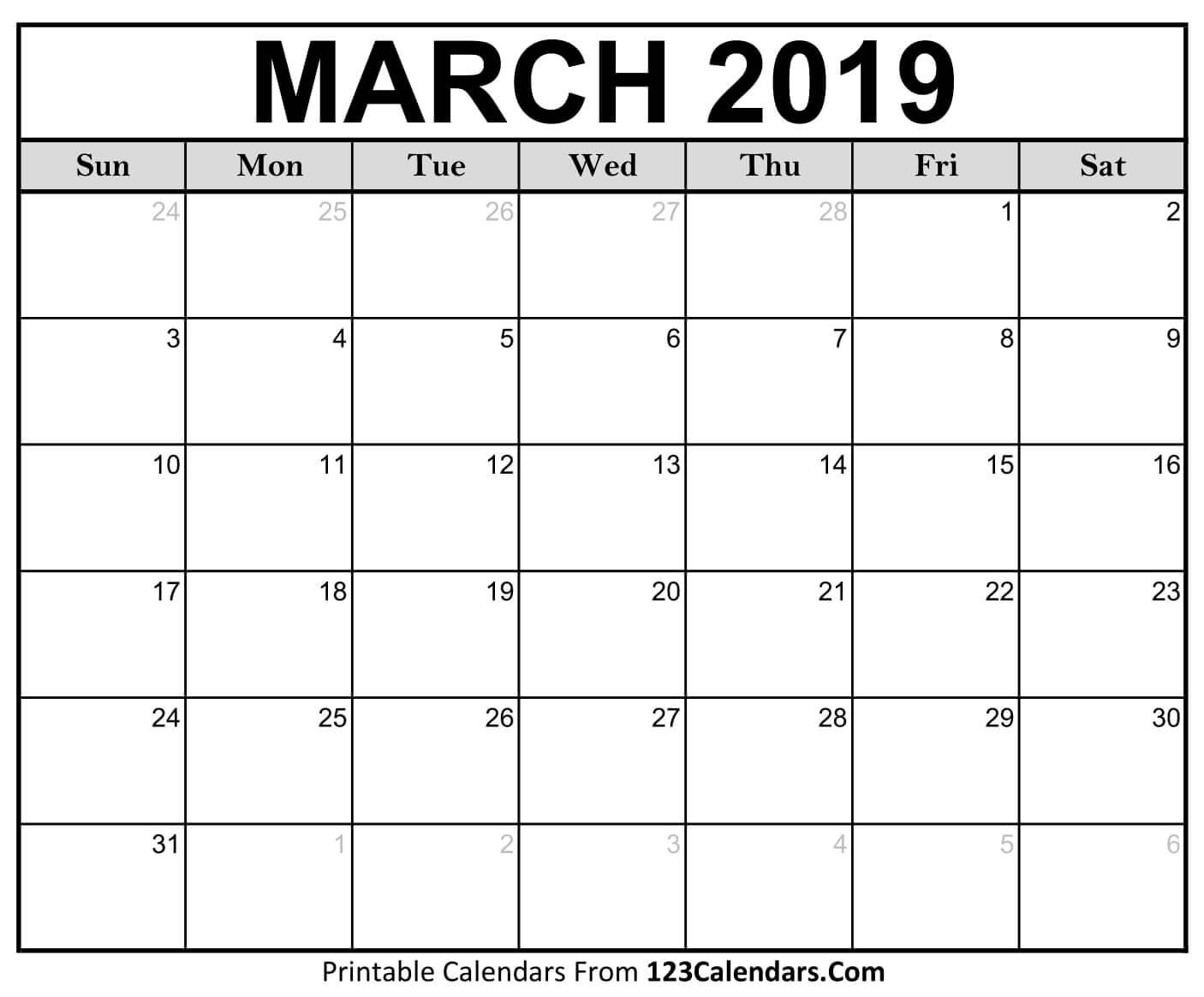 Printable March 2019 Calendar Templates 123calendars