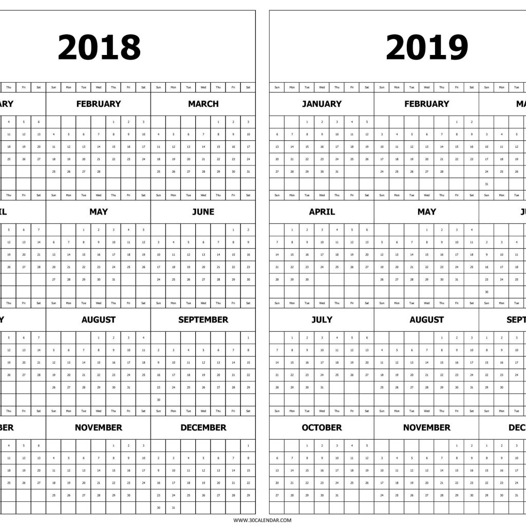 Printable Year At A Glance Calendar 2019 Calendar 2018 And 2019