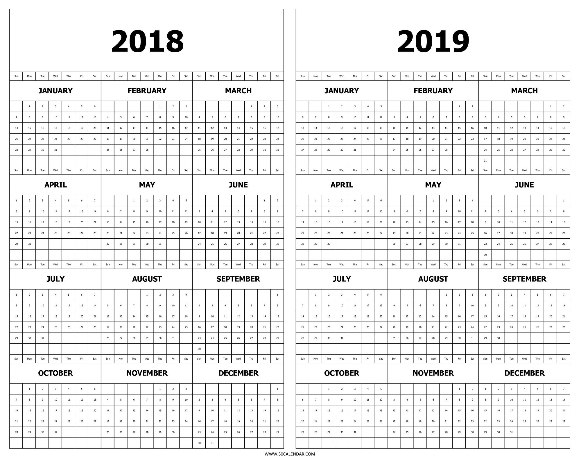 Printable Year At A Glance Calendar 2019 Calendar 2018 And 2019 