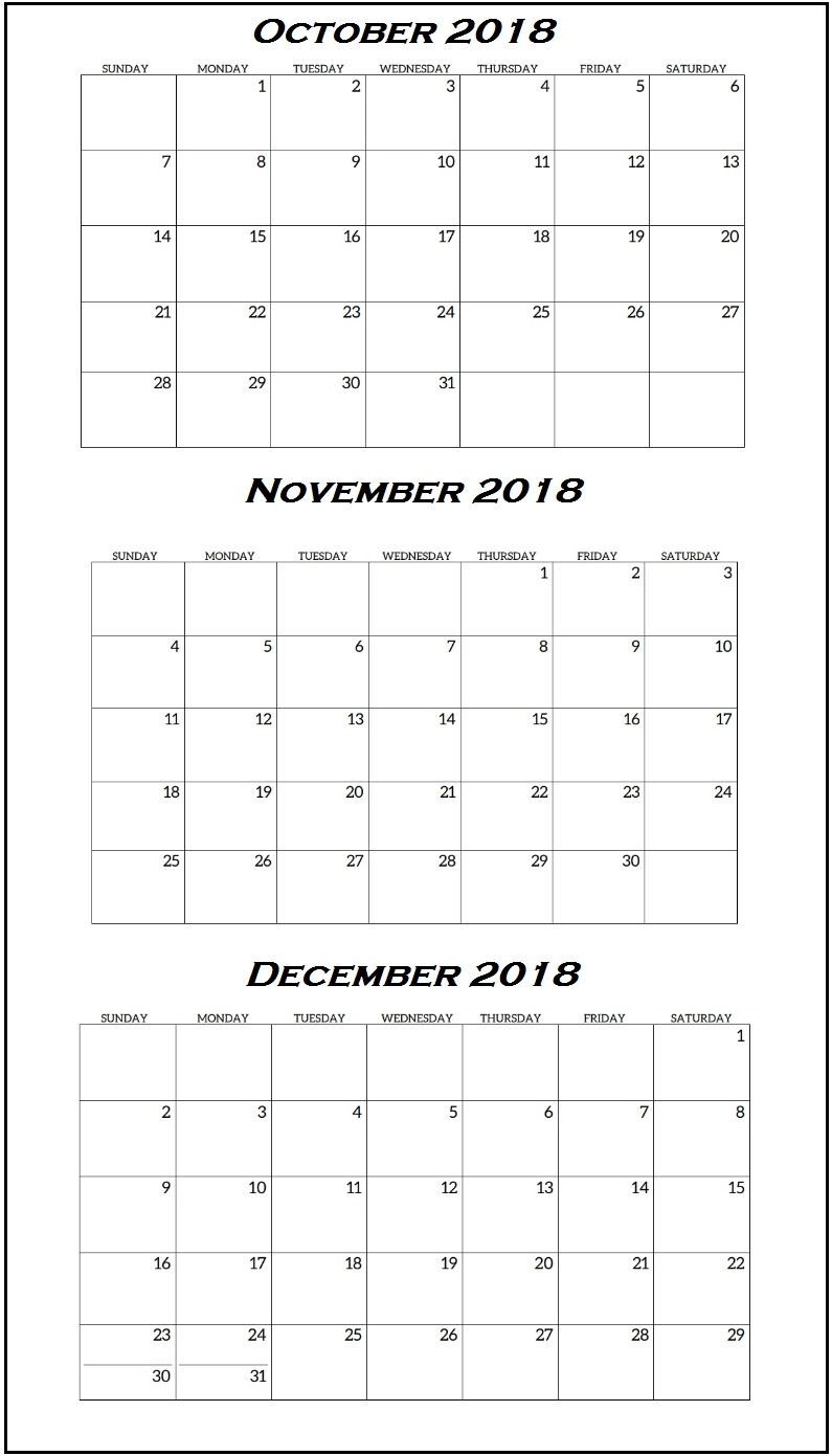 Quarterly Calendar October To December 2018 Planners Pinterest