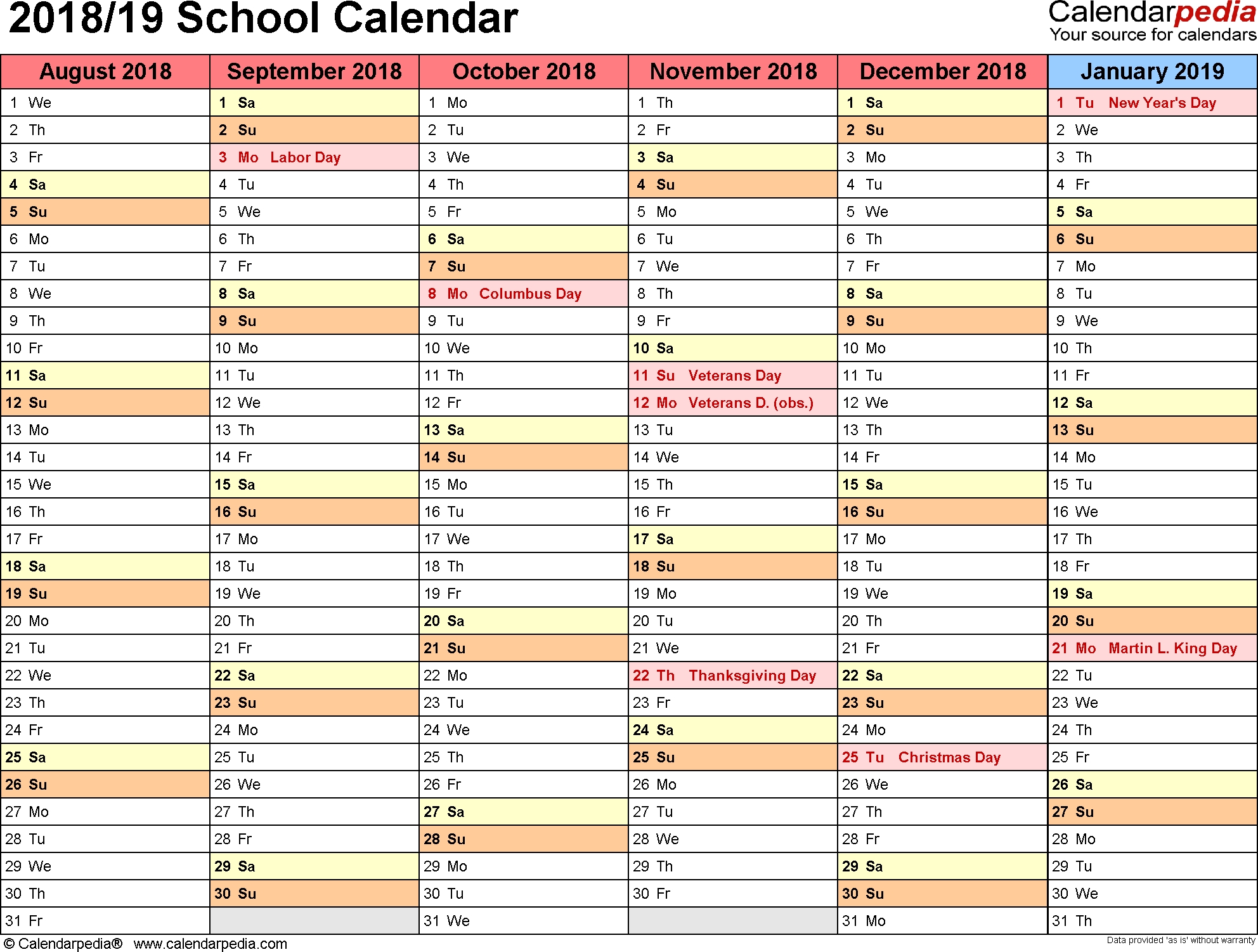 School Calendars 20182019 As Free Printable Word Templates 