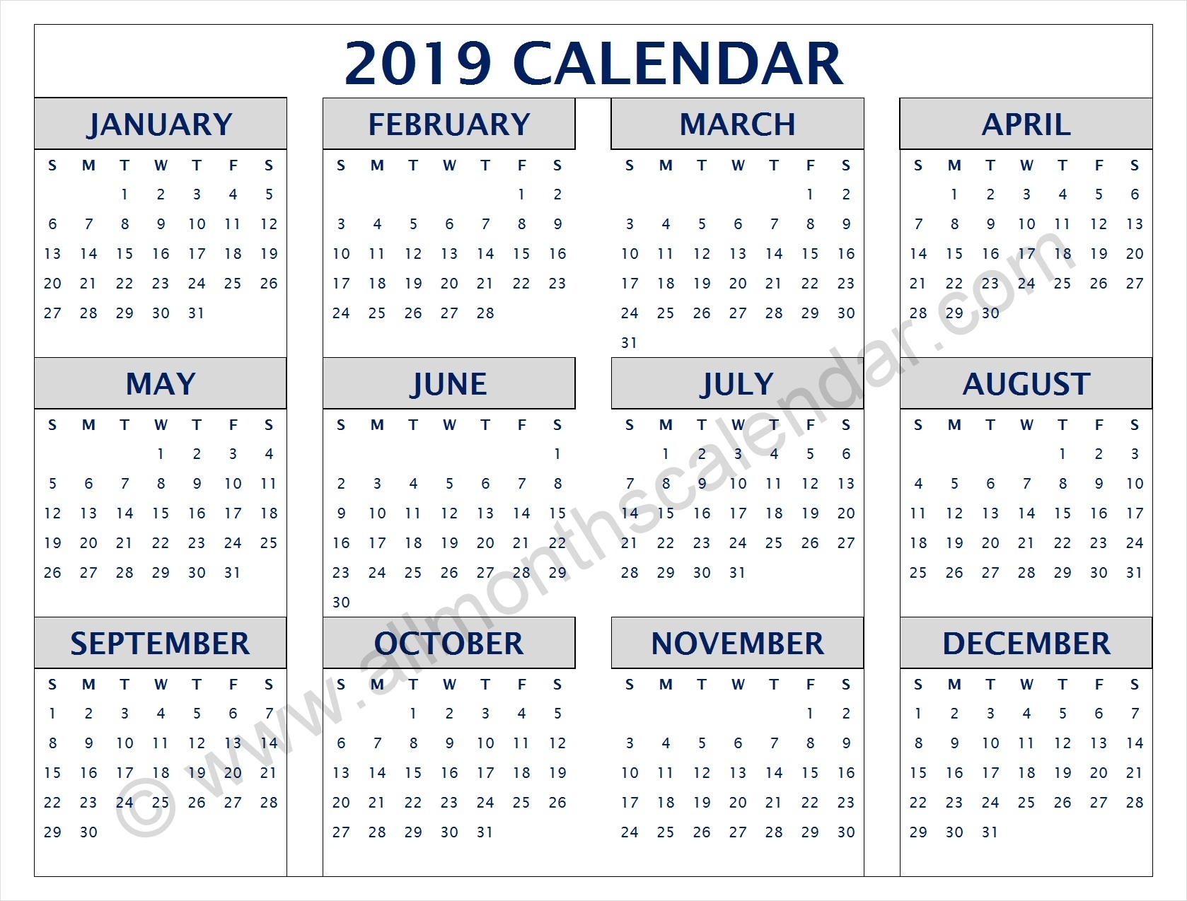 Yearly 2019 Calendar Pdf 12 Month 2019 Calendar Printable