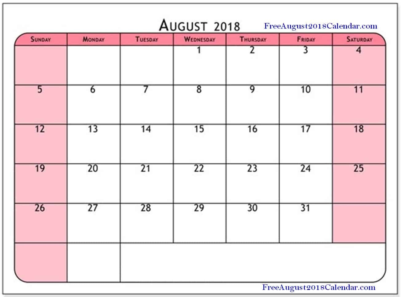 August 2018 Calendar Pink August 2018 Calendar Calendar 2019 