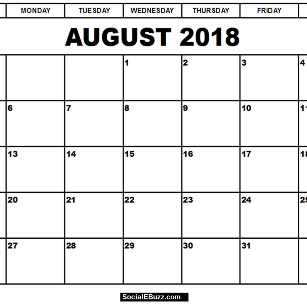 Blank August 2018 Calendar August 2018 Printable Calendar Calendar