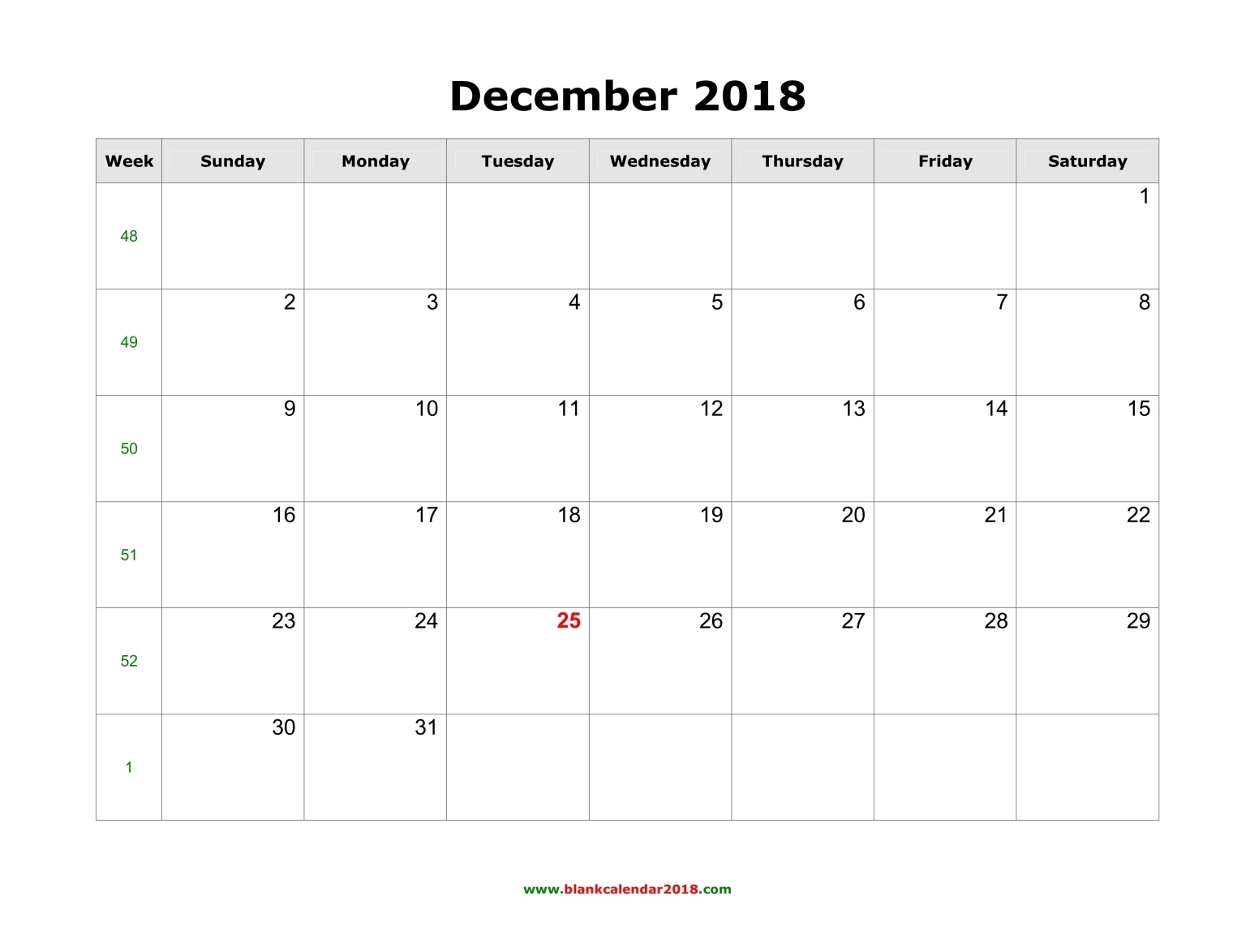 Blank Calendar For December 2018