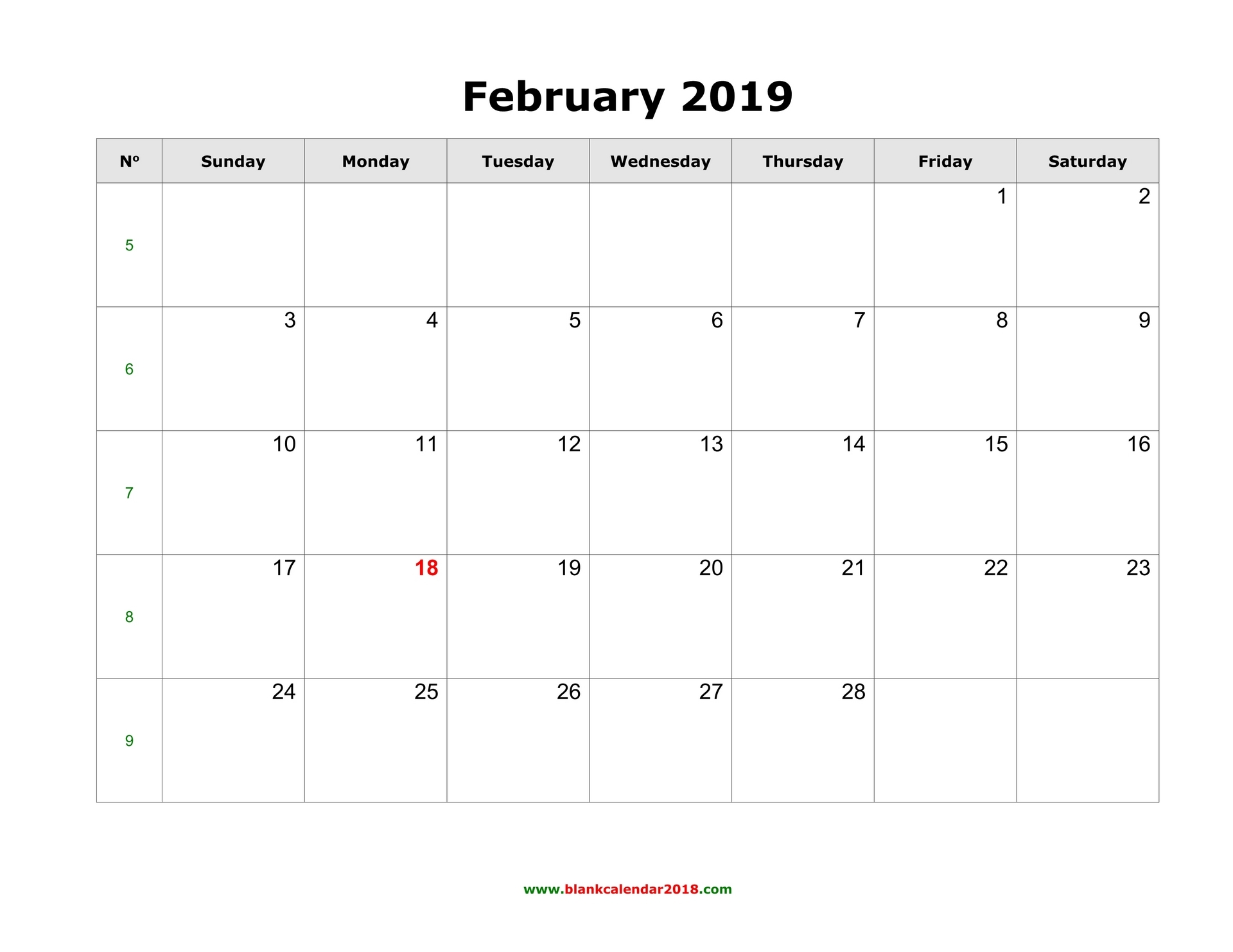 Blank Calendar For February 2019 