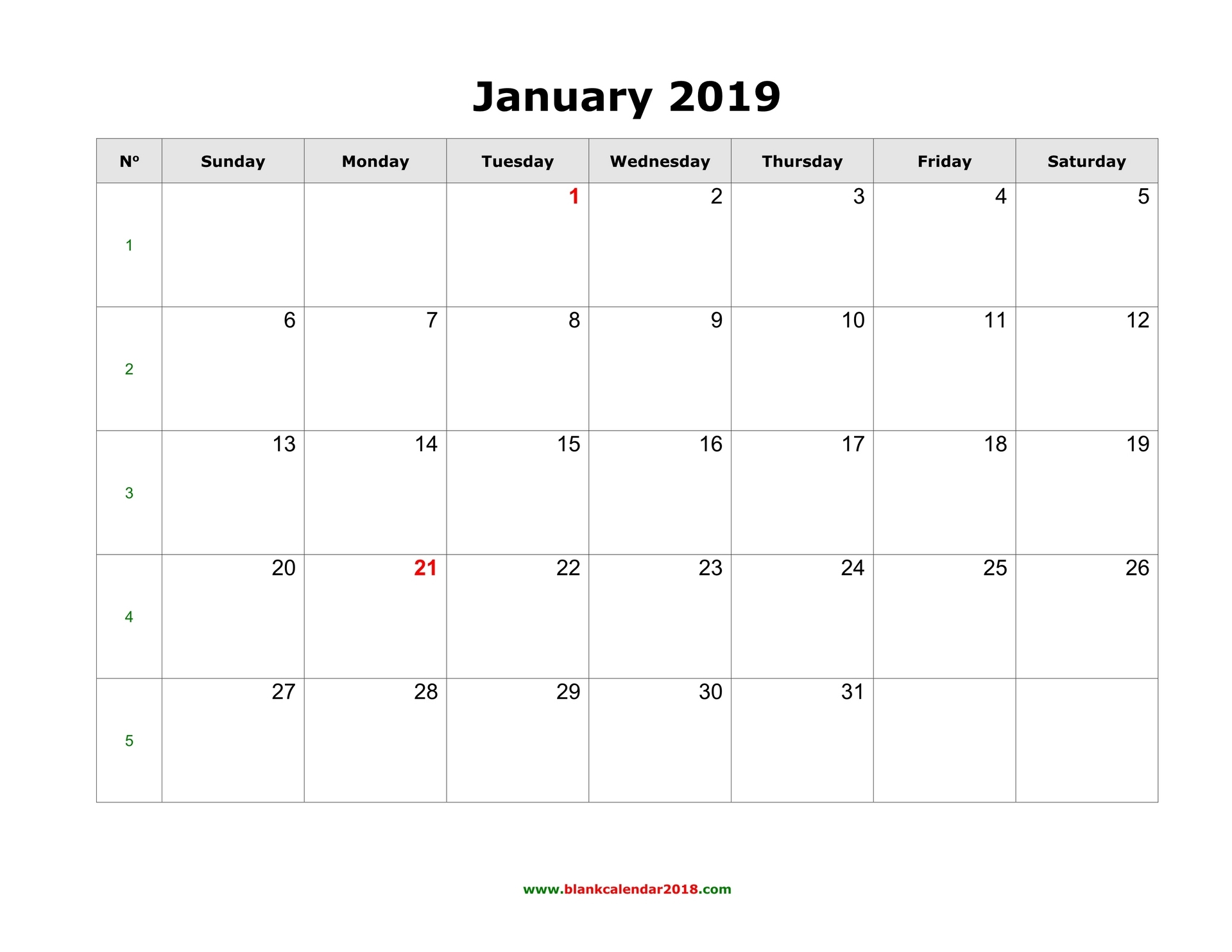 Blank Calendar For January 2019 