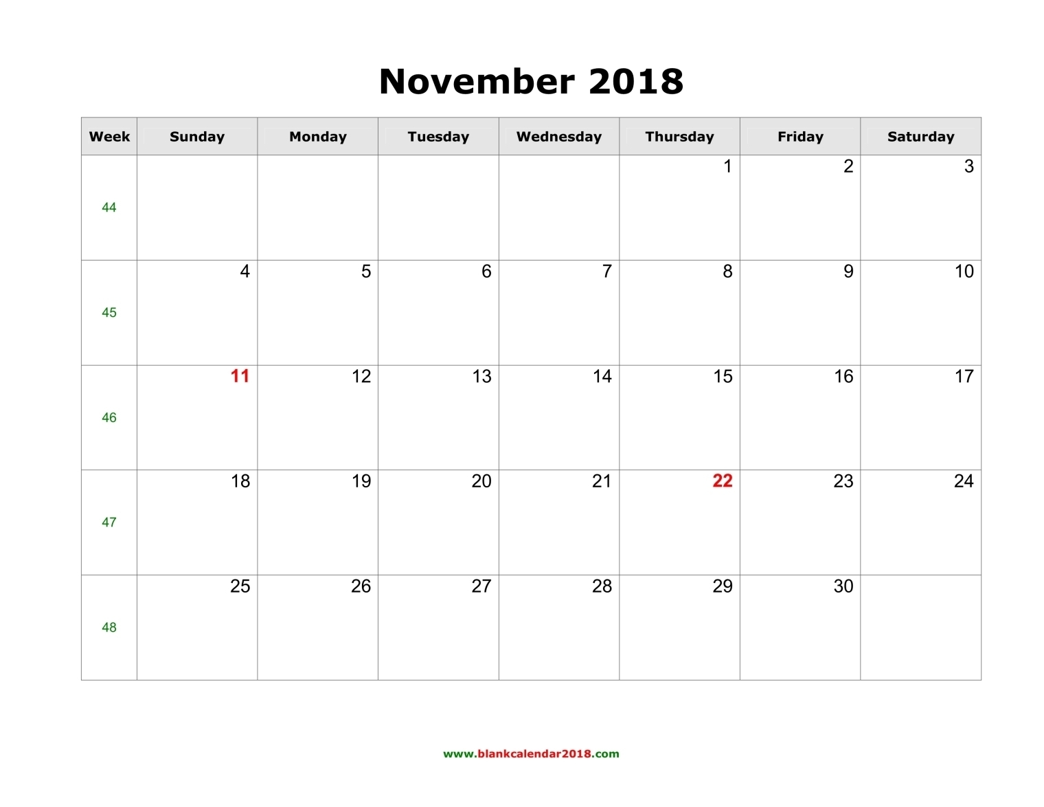 Blank Calendar For November 2018 