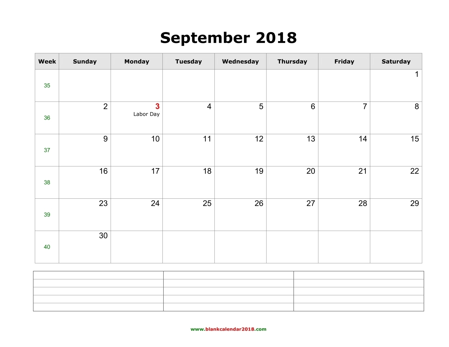 Blank Calendar For September 2018