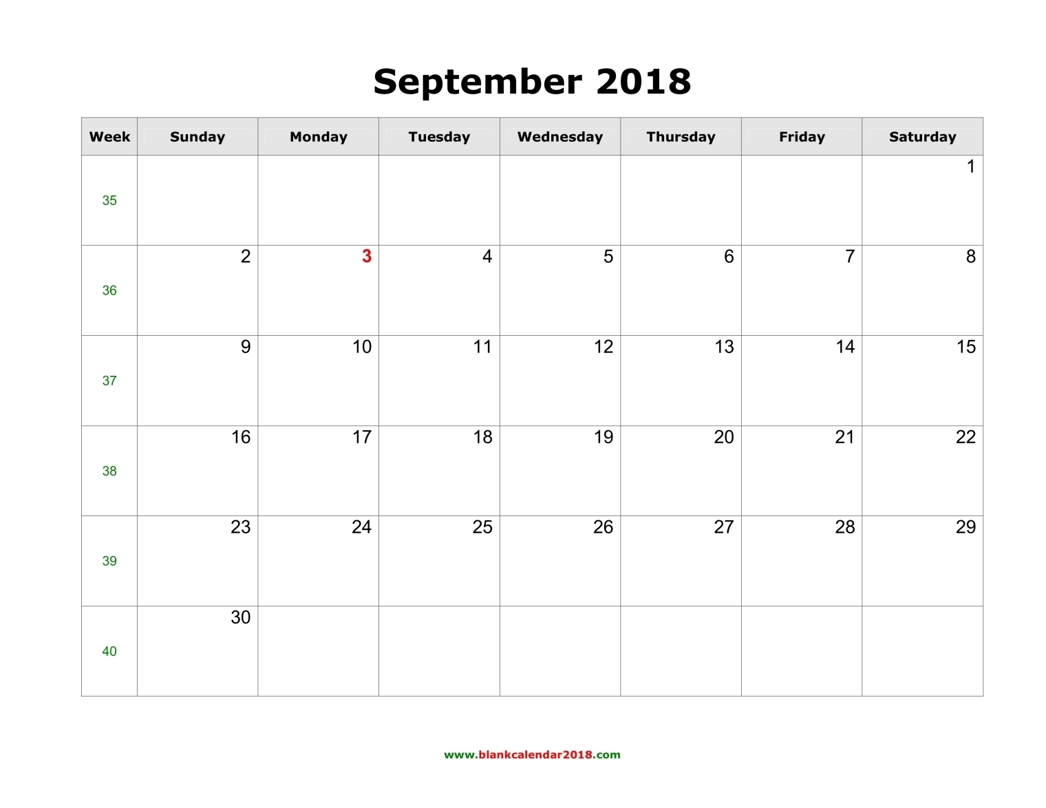 Blank Calendar For September 2018