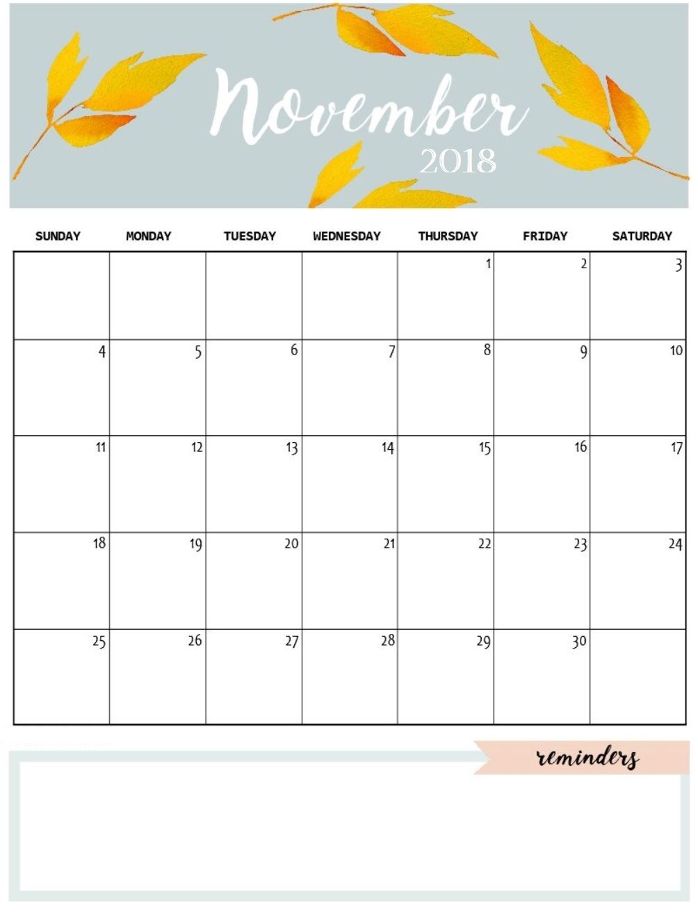 Cute November 2018 Calendar Template Calendars November 