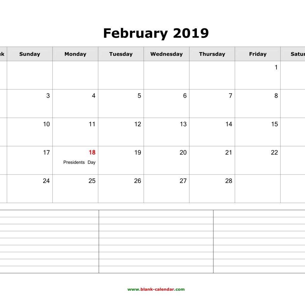 Download February 2019 Blank Calendar With Space For Notes Horizontal