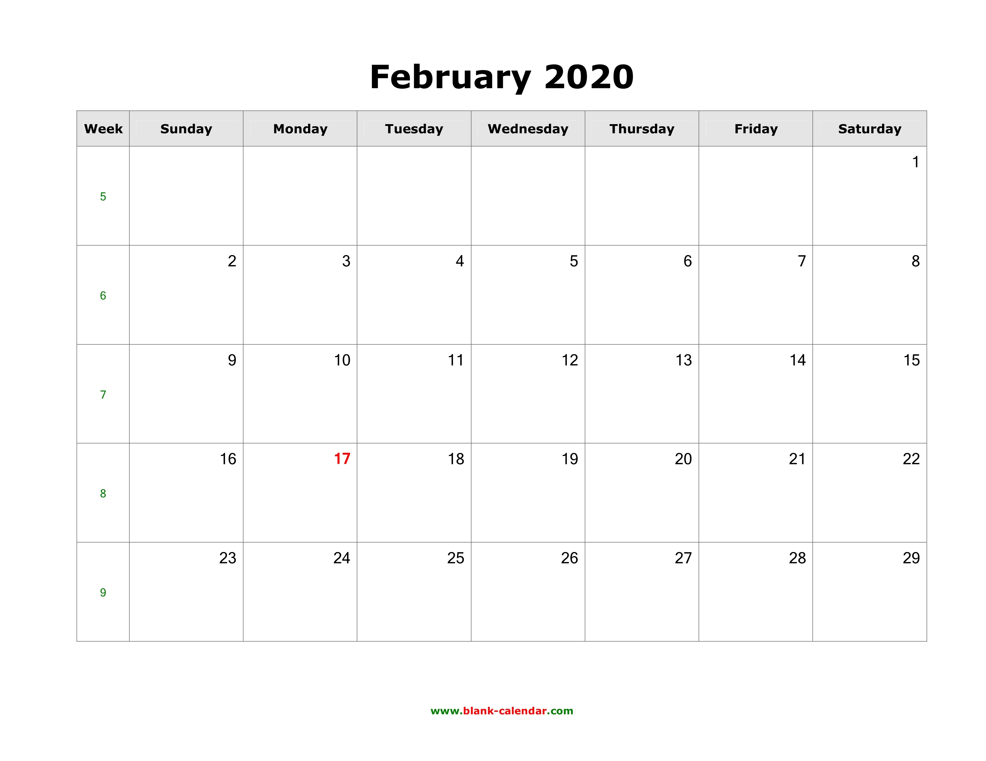 Download February 2020 Blank Calendar Horizontal 