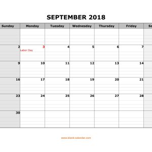 Free Download Printable September 2018 Calendar Large Box Grid