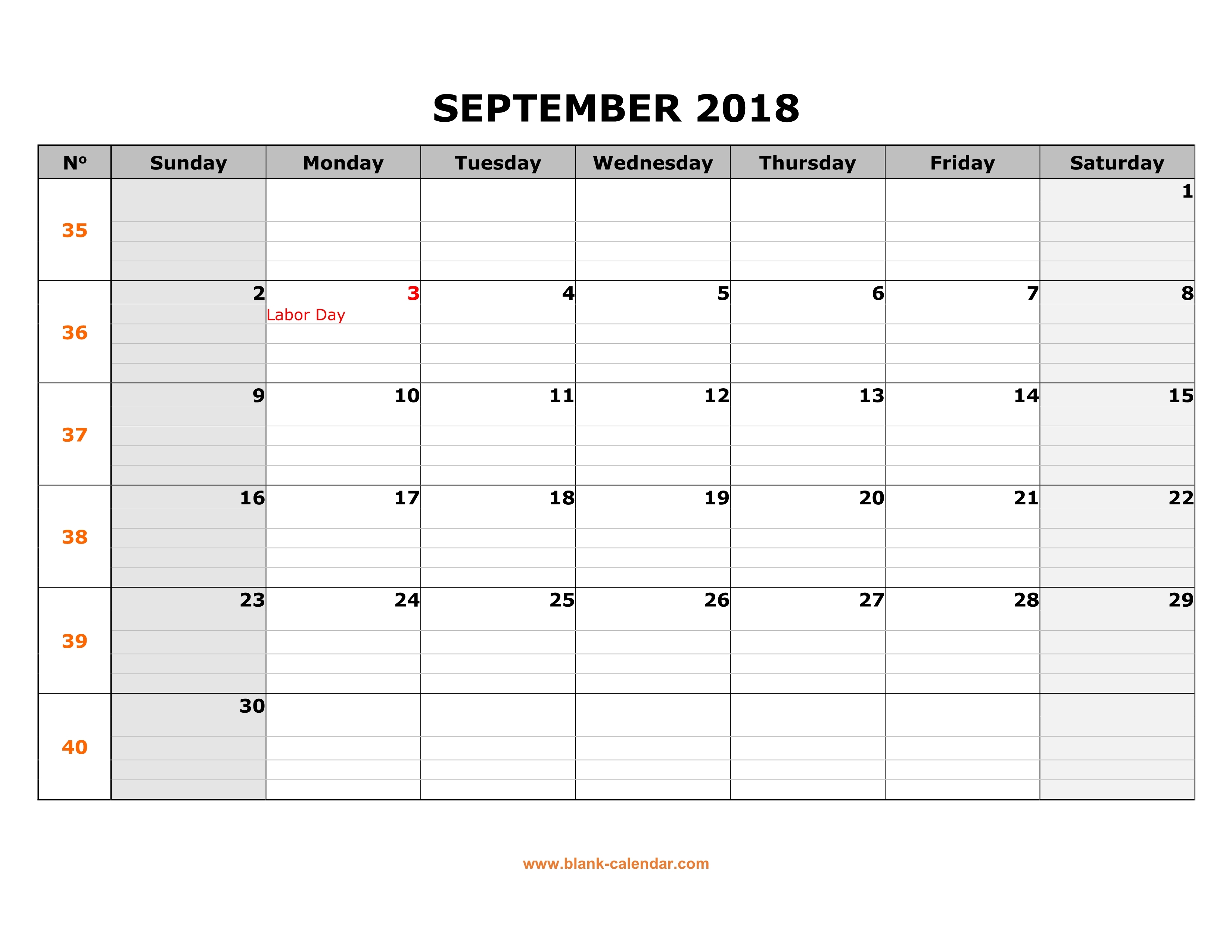 Free Download Printable September 2018 Calendar Large Box Grid