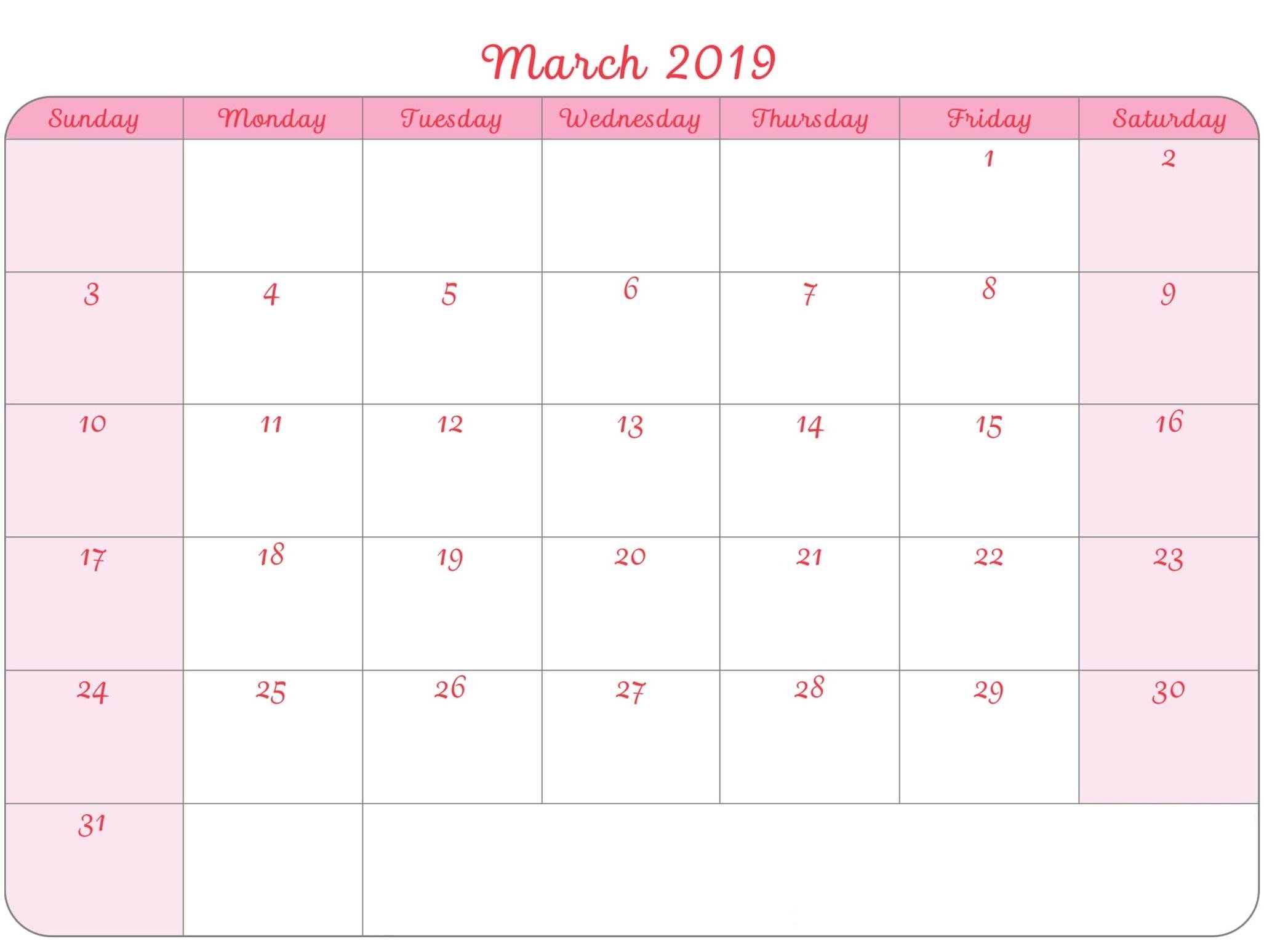 March 2019 Calendar Pink 100 March 2019 Calendar 2019 Calendar 