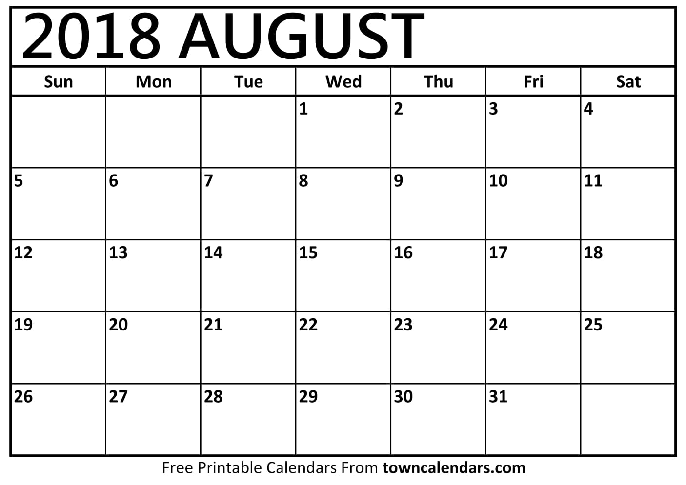 Printable August 2018 Calendar Towncalendars