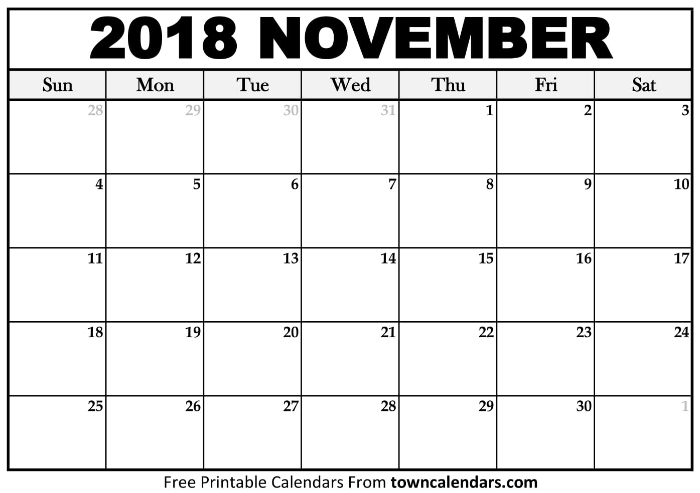 Printable November 2018 Calendar Towncalendars 