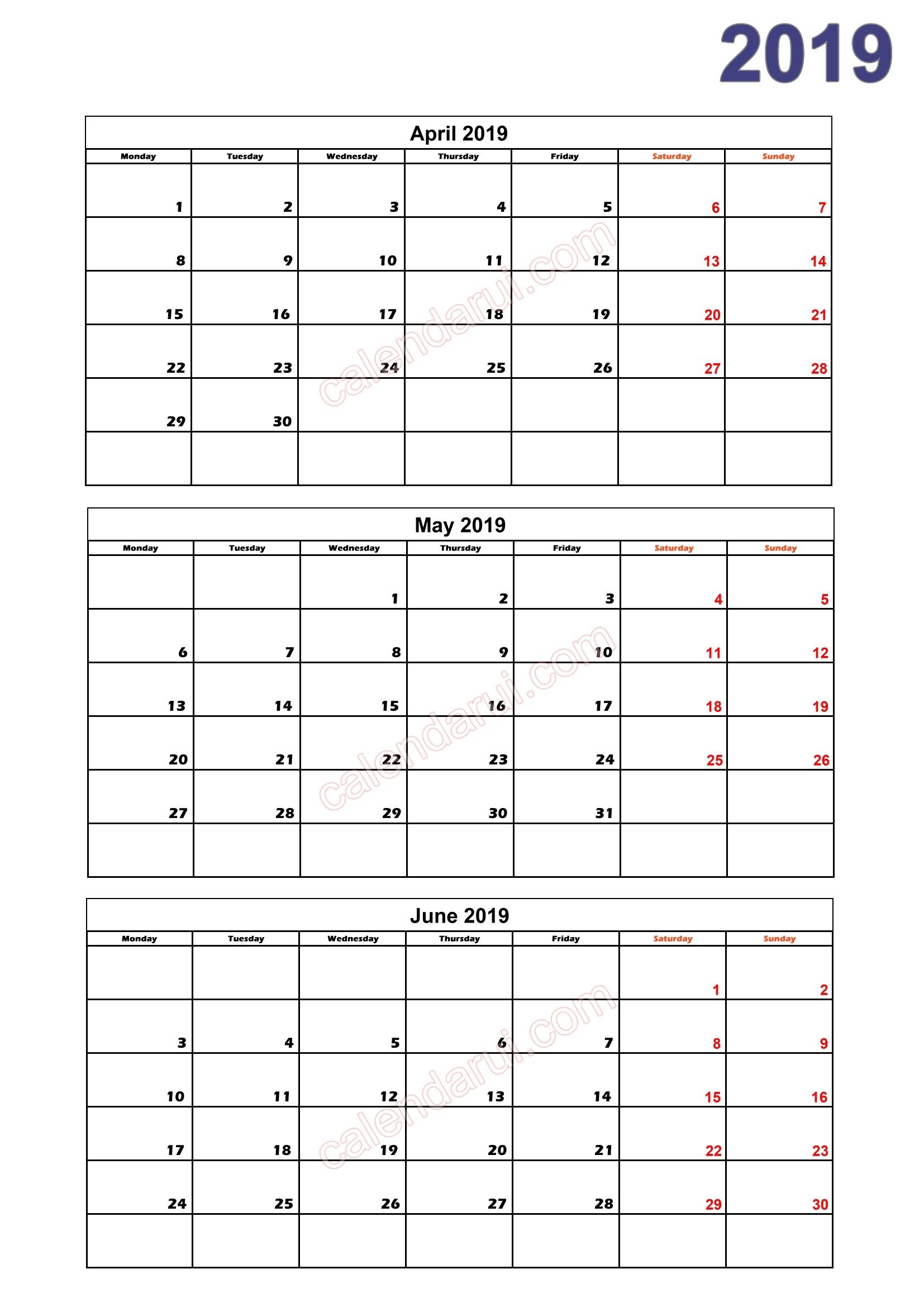 2 Quarter 2 Calendar 2019 Printable Download Free2 Monthly 