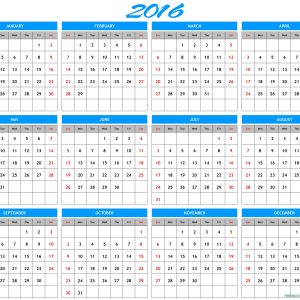 2016 Yearly Calendar Template In Landscape Format Printable 2017