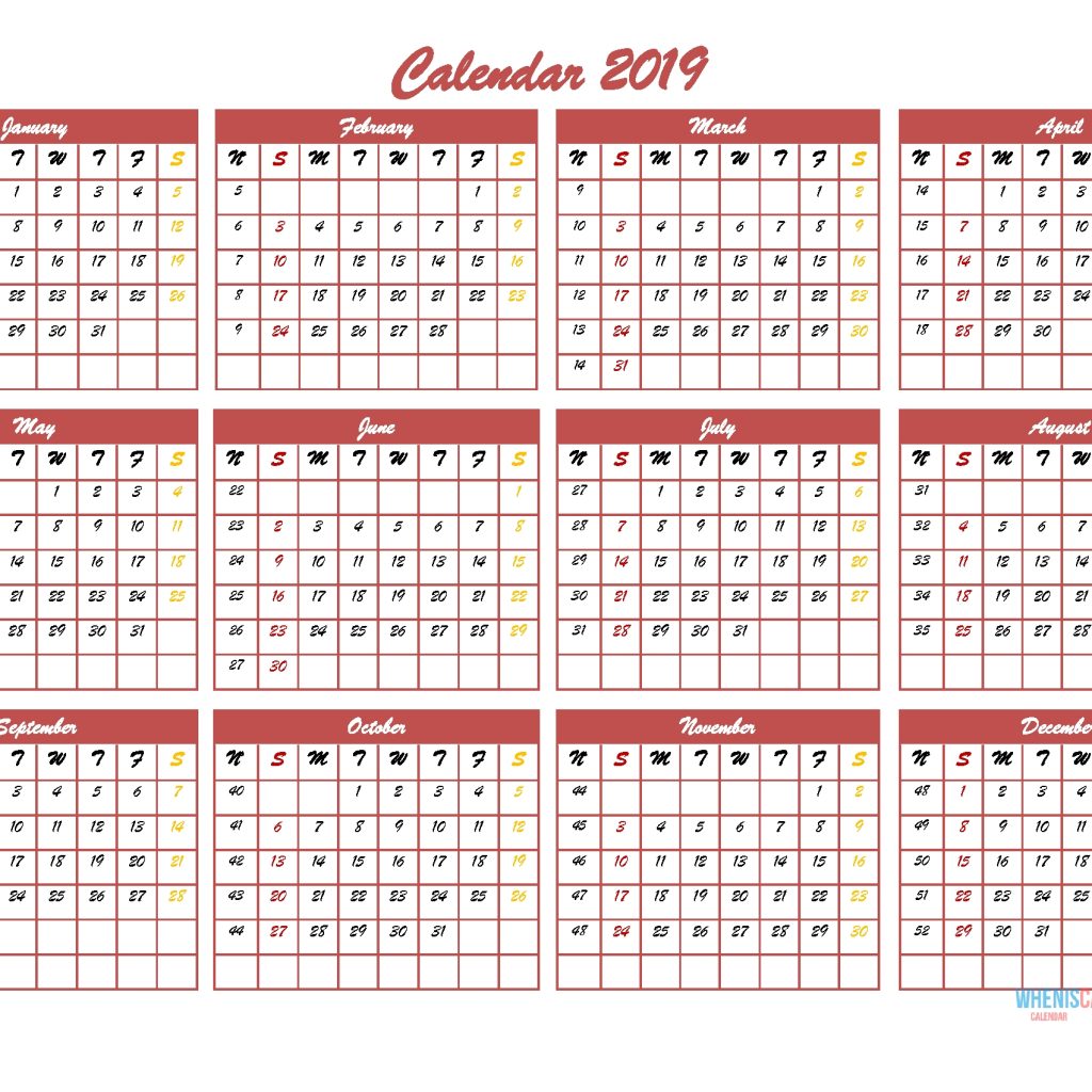 2019 12 Month Calendar Template In One Page Pdf Image Excel Free