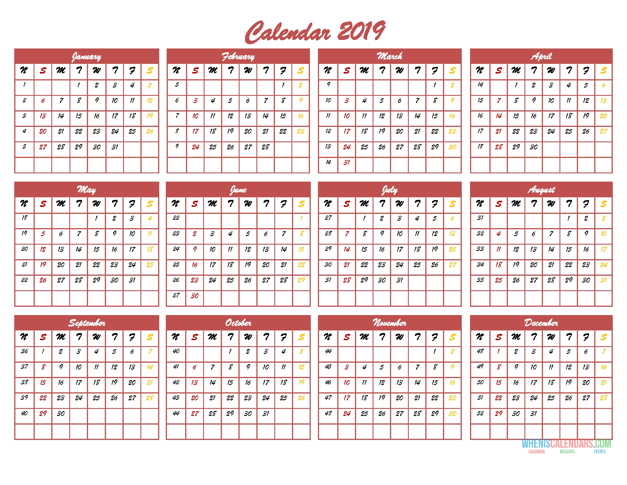 2019 12 Month Calendar Template In One Page Pdf Image Excel Free