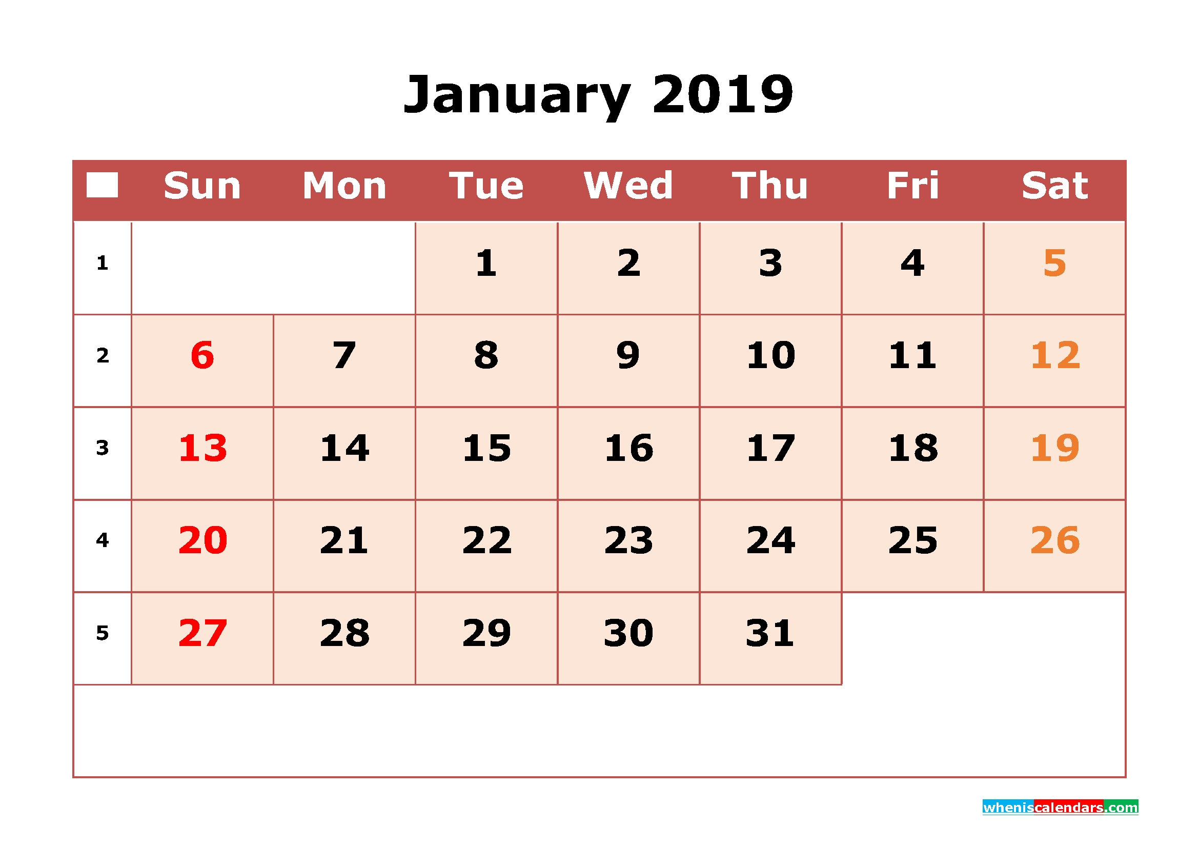 2019 Printable Calendar January With Week Numbers Free Printable 