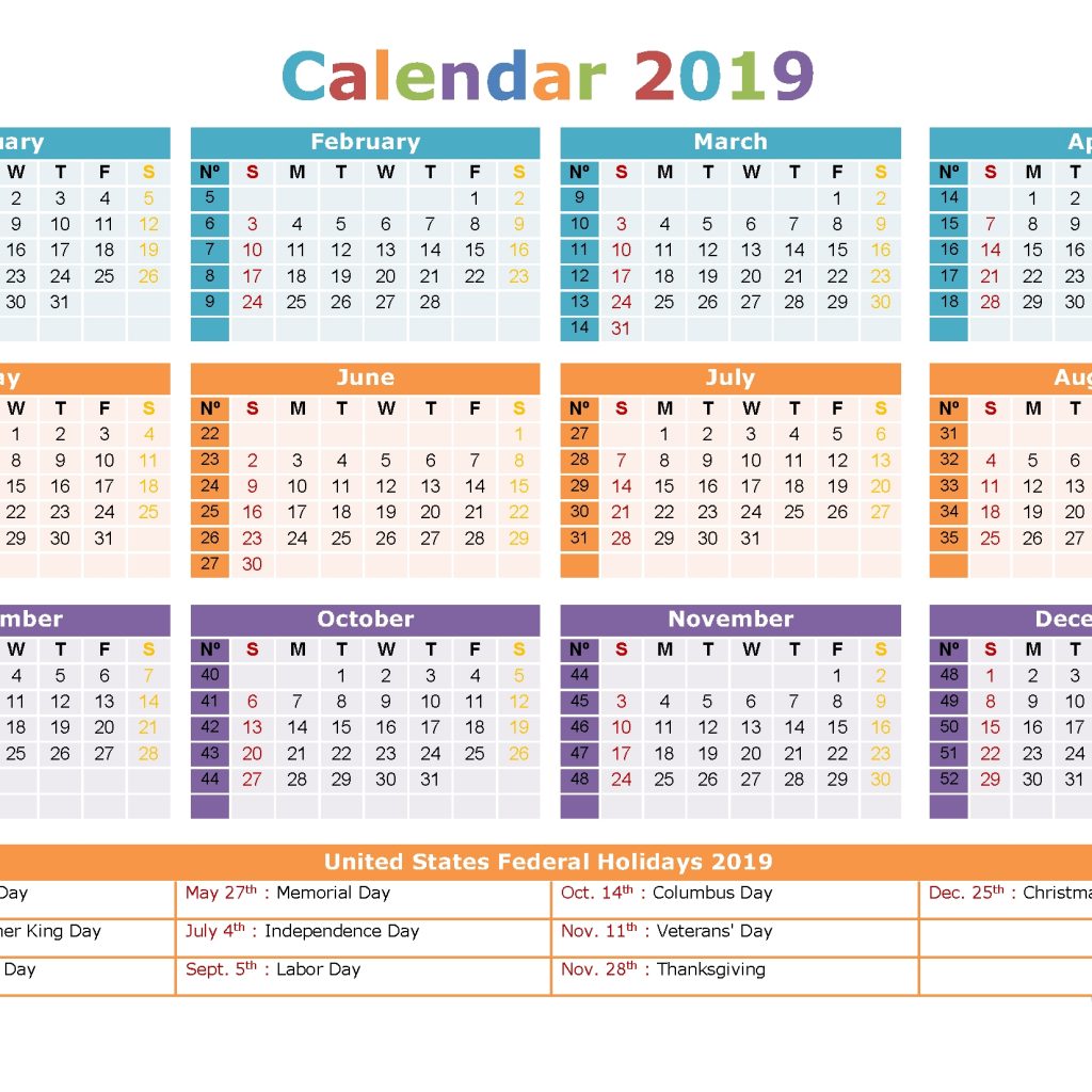 2019 Printable Calendar With Holidays Us Edition Begin On Sunday