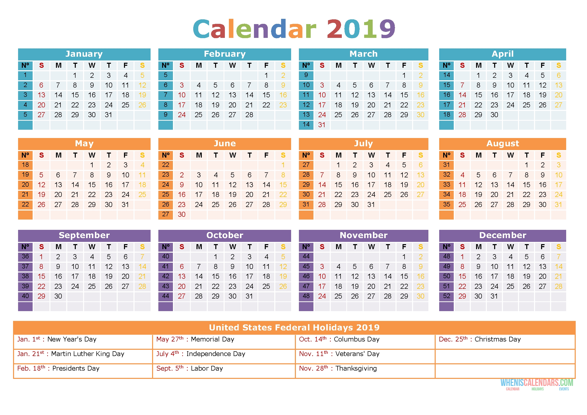 2019 Printable Calendar With Holidays Us Edition Begin On Sunday 