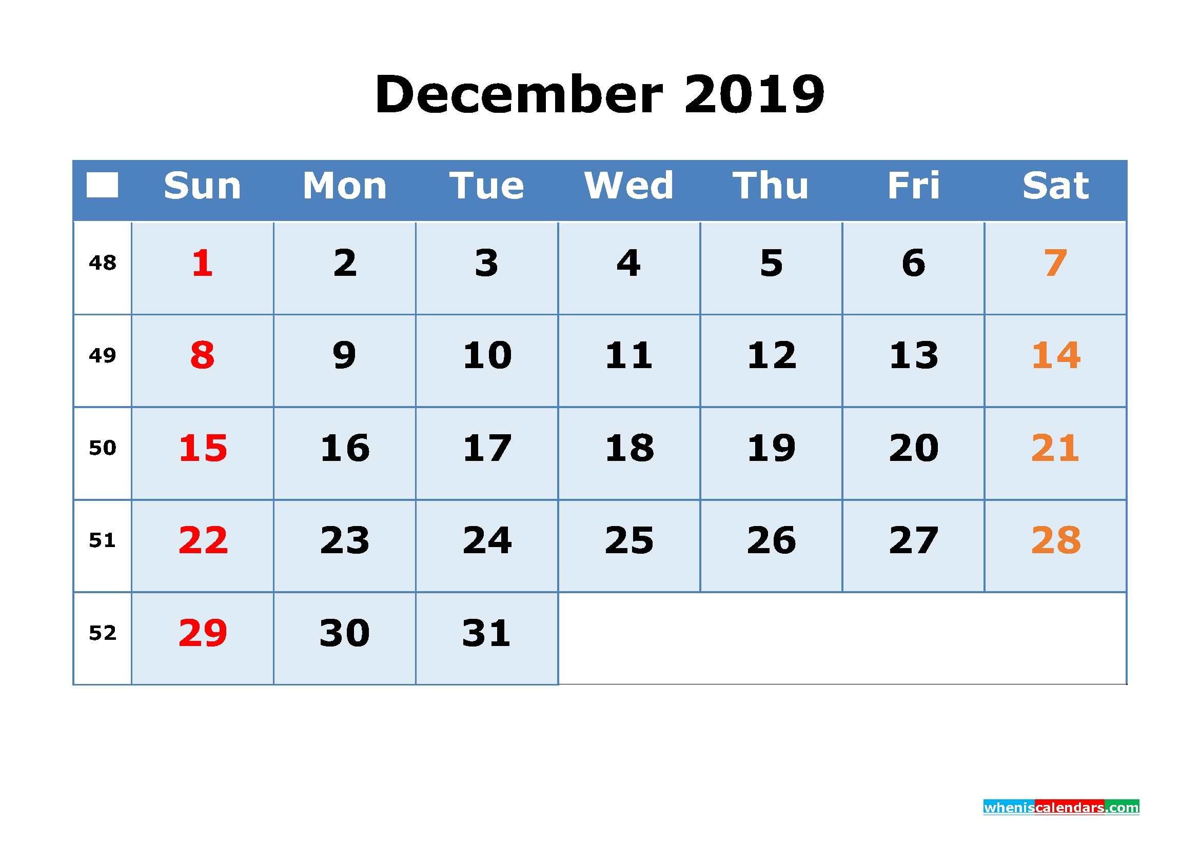 2019 Printable Calendar With Week Numbers As Pdf Image Free 