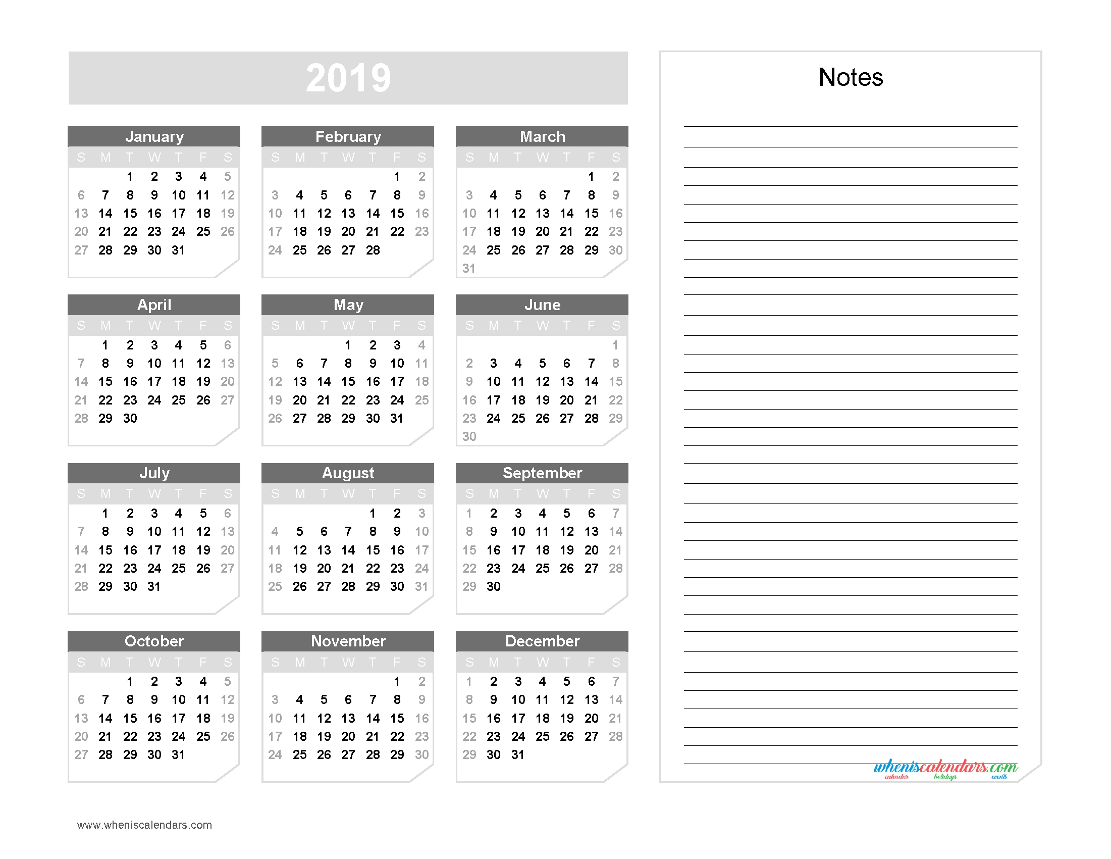 2019 Yearly Calendar With Notes Printable Chamfer Collection