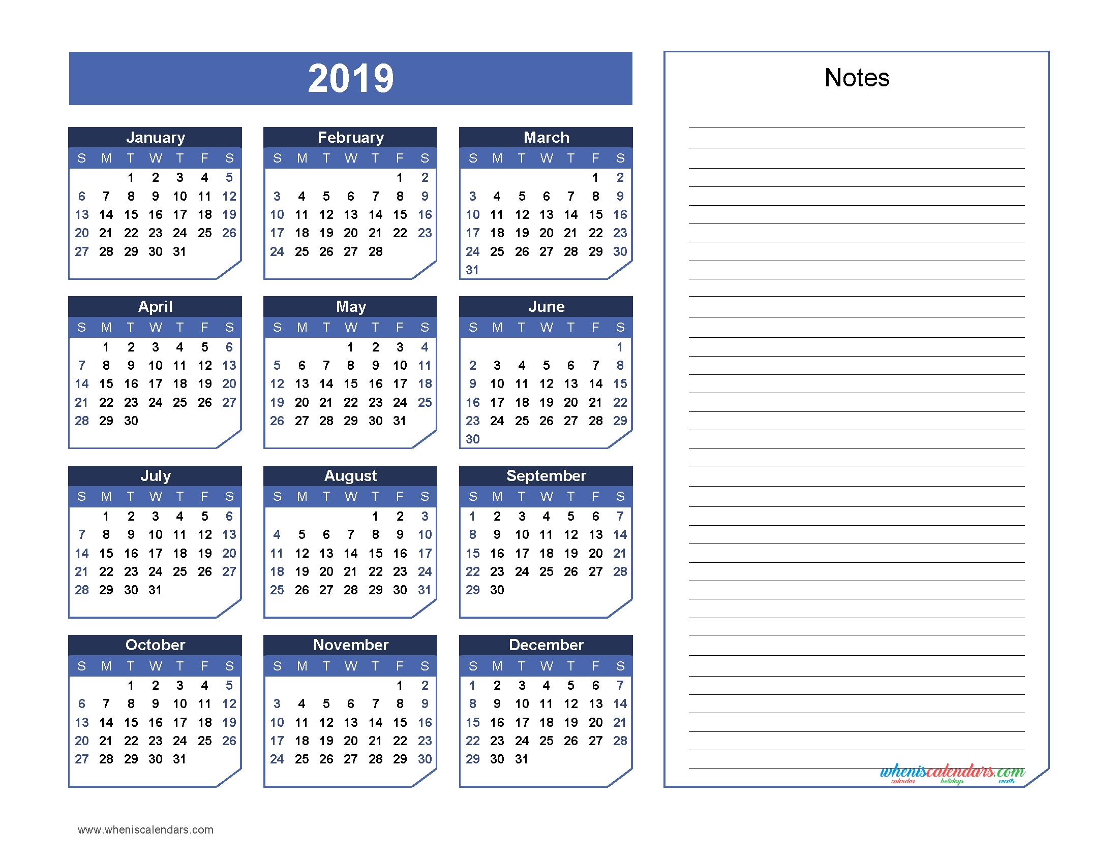 2019 Yearly Calendar With Notes Printable Chamfer Collection 