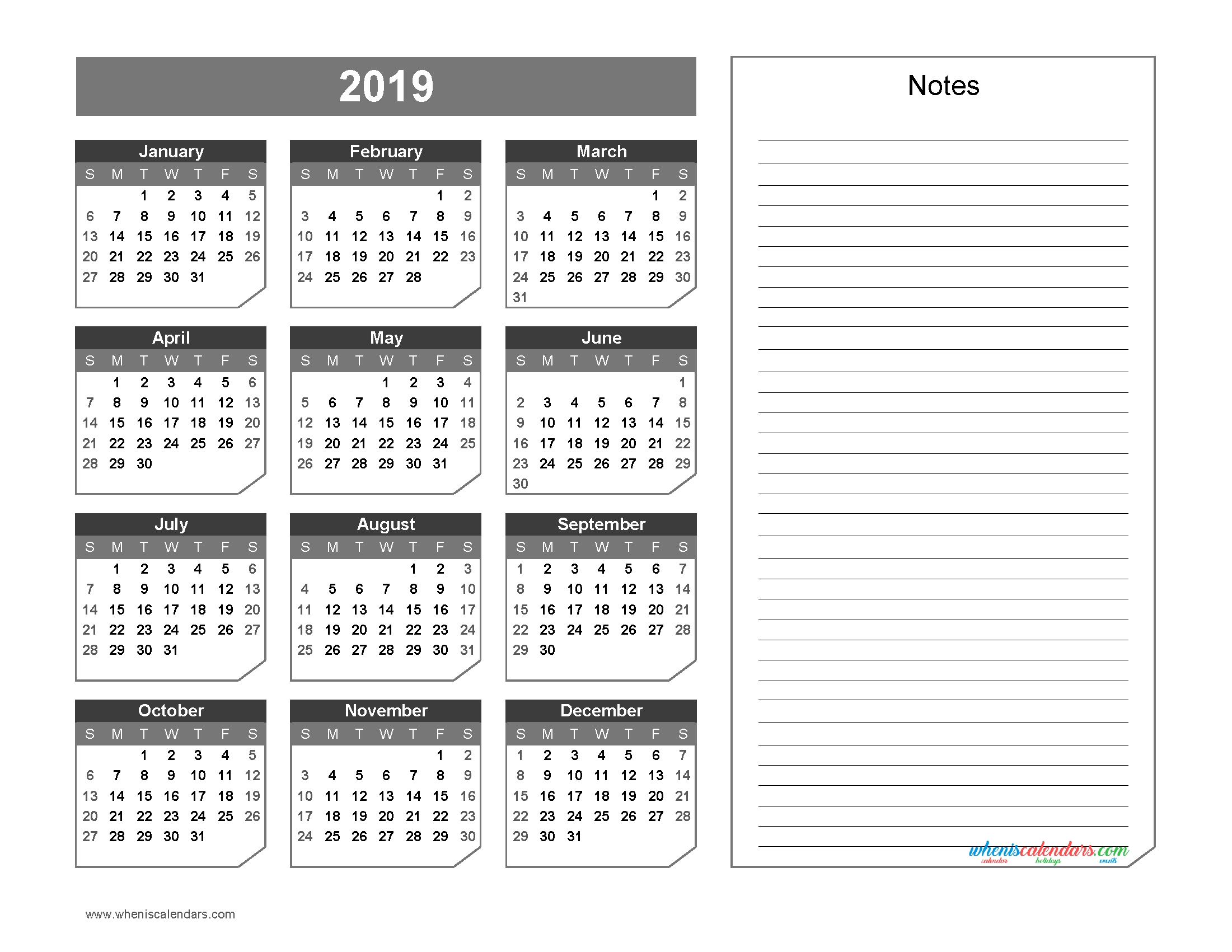 2019 Yearly Calendar With Notes Printable Chamfer Collection Gray 