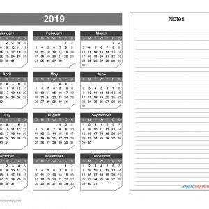 2019 Yearly Calendar With Notes Printable Chamfer Collection Gray