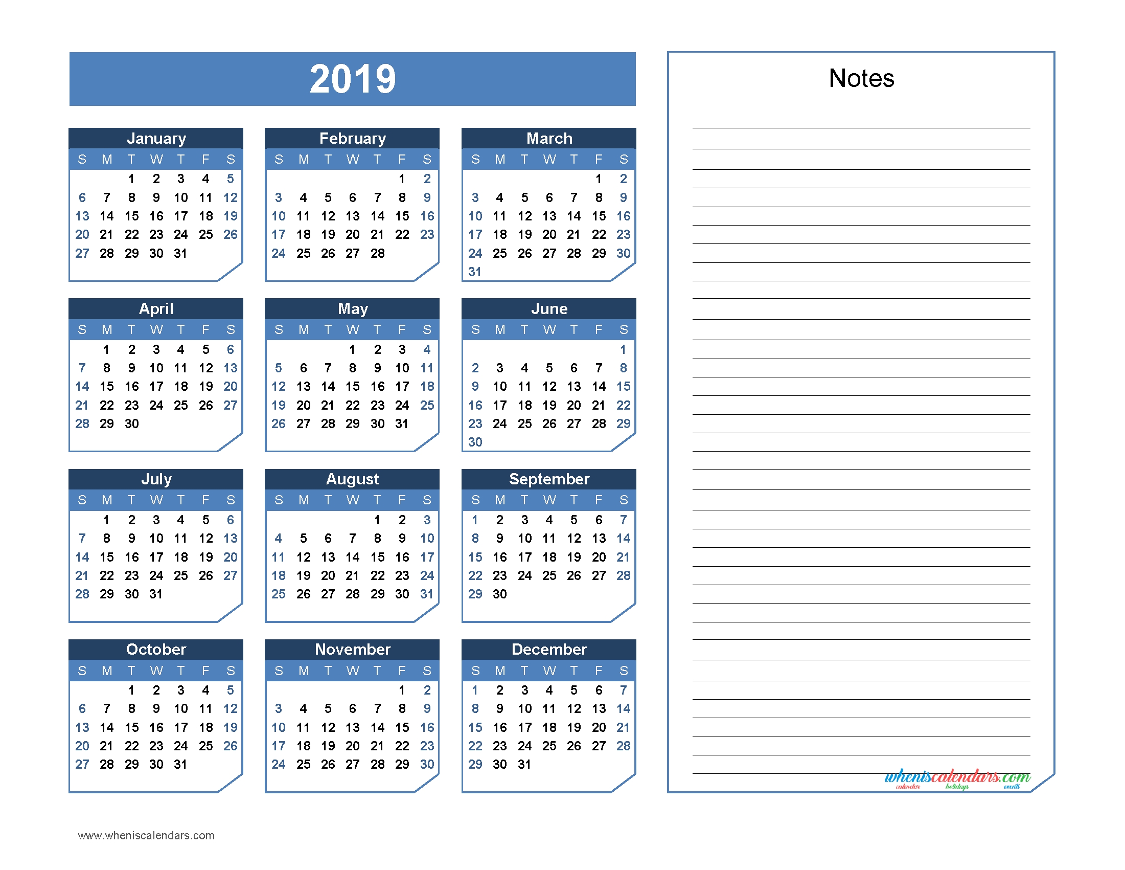 2019 Yearly Calendar With Notes Printable Chamfer Collection Office 