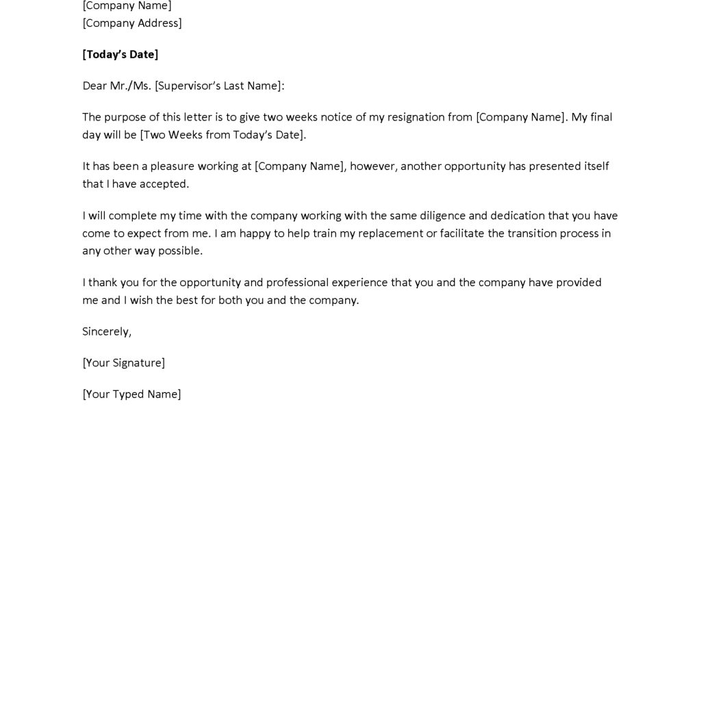 3 Highly Professional Two Weeks Notice Letter Templates Eagan