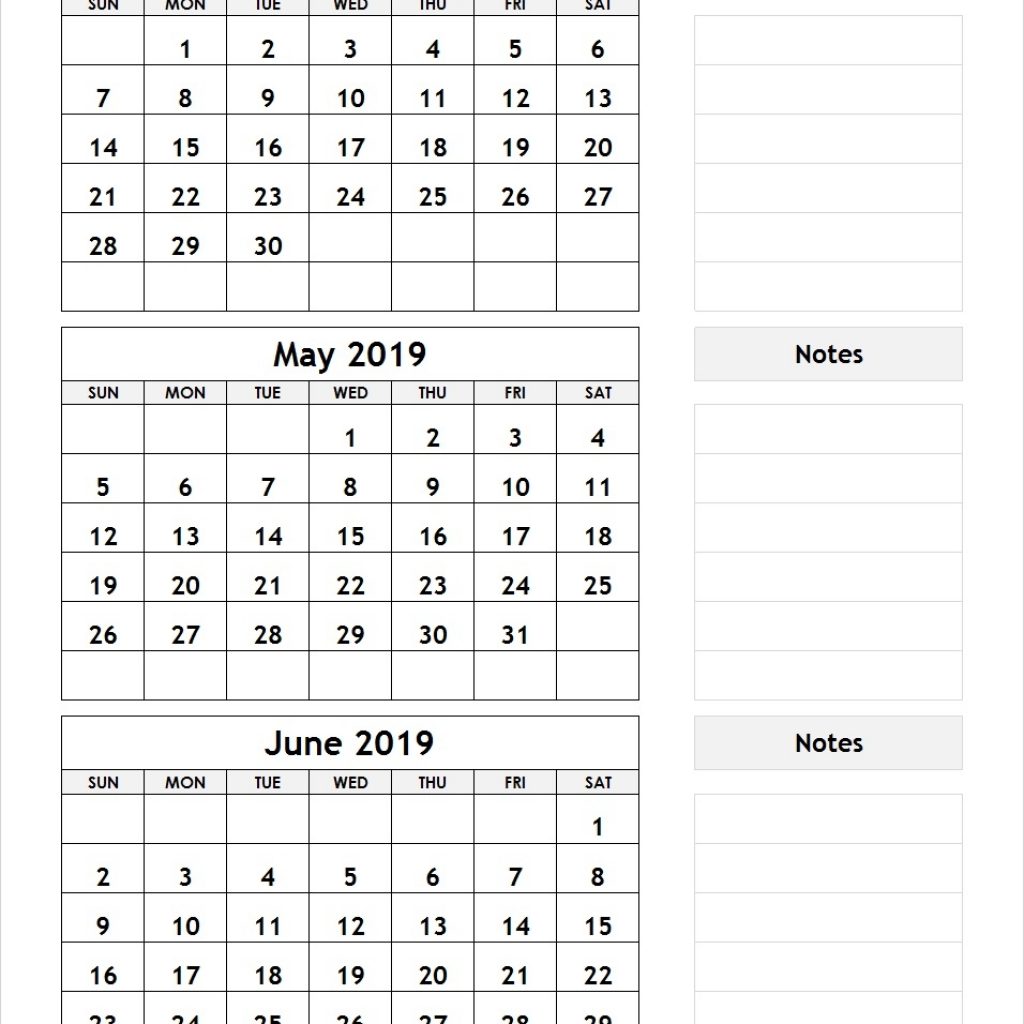 3 Month Calendar April May June 2019 30 Day Calendar