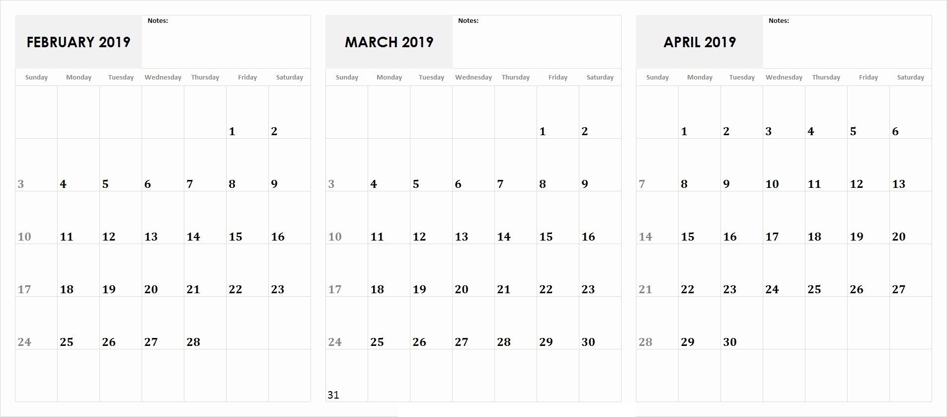 3 Month Calendar February March April 2019 Calendar Monthly