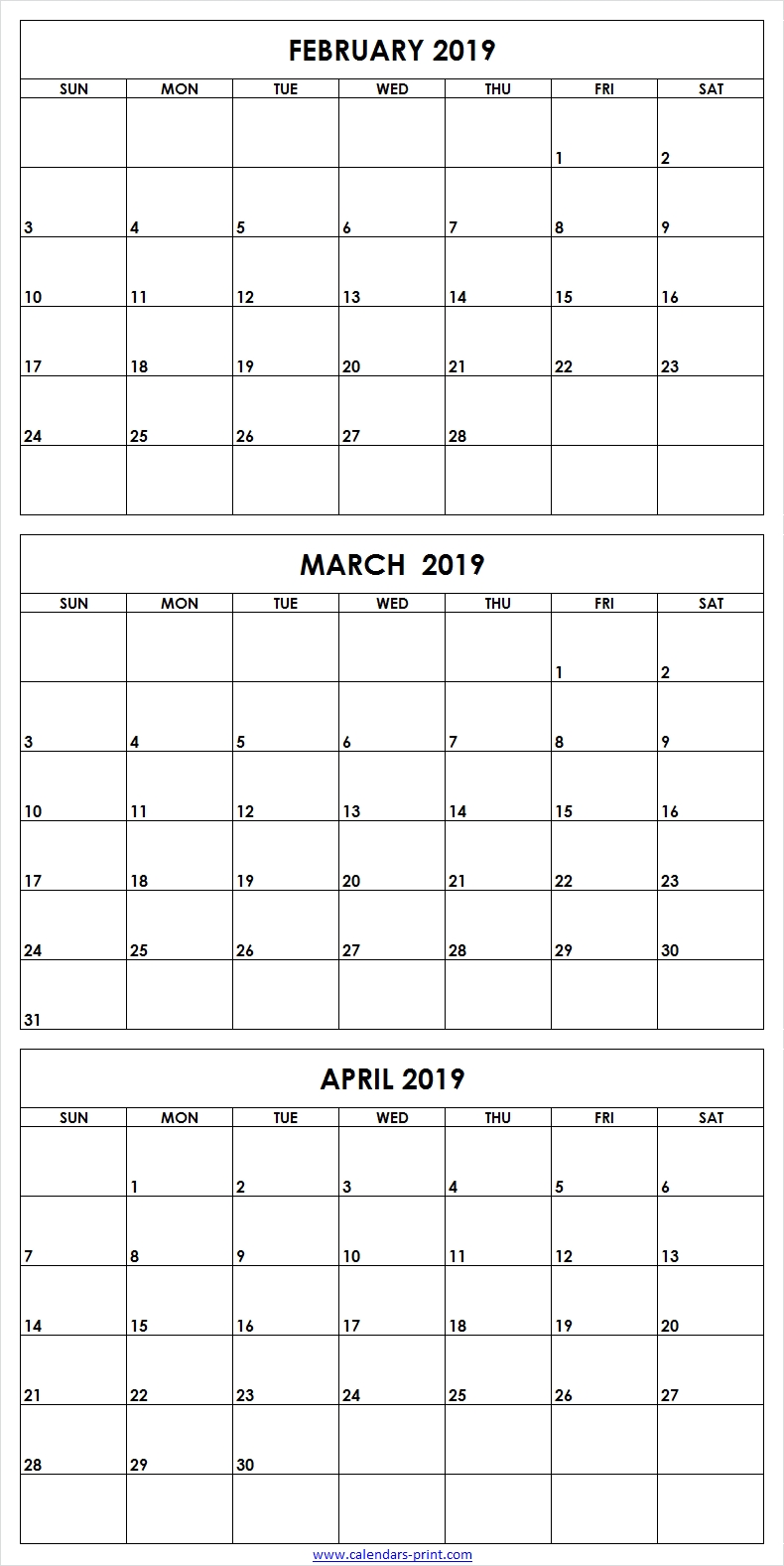 3 Month February To April 2019 Calendar Template February 2019