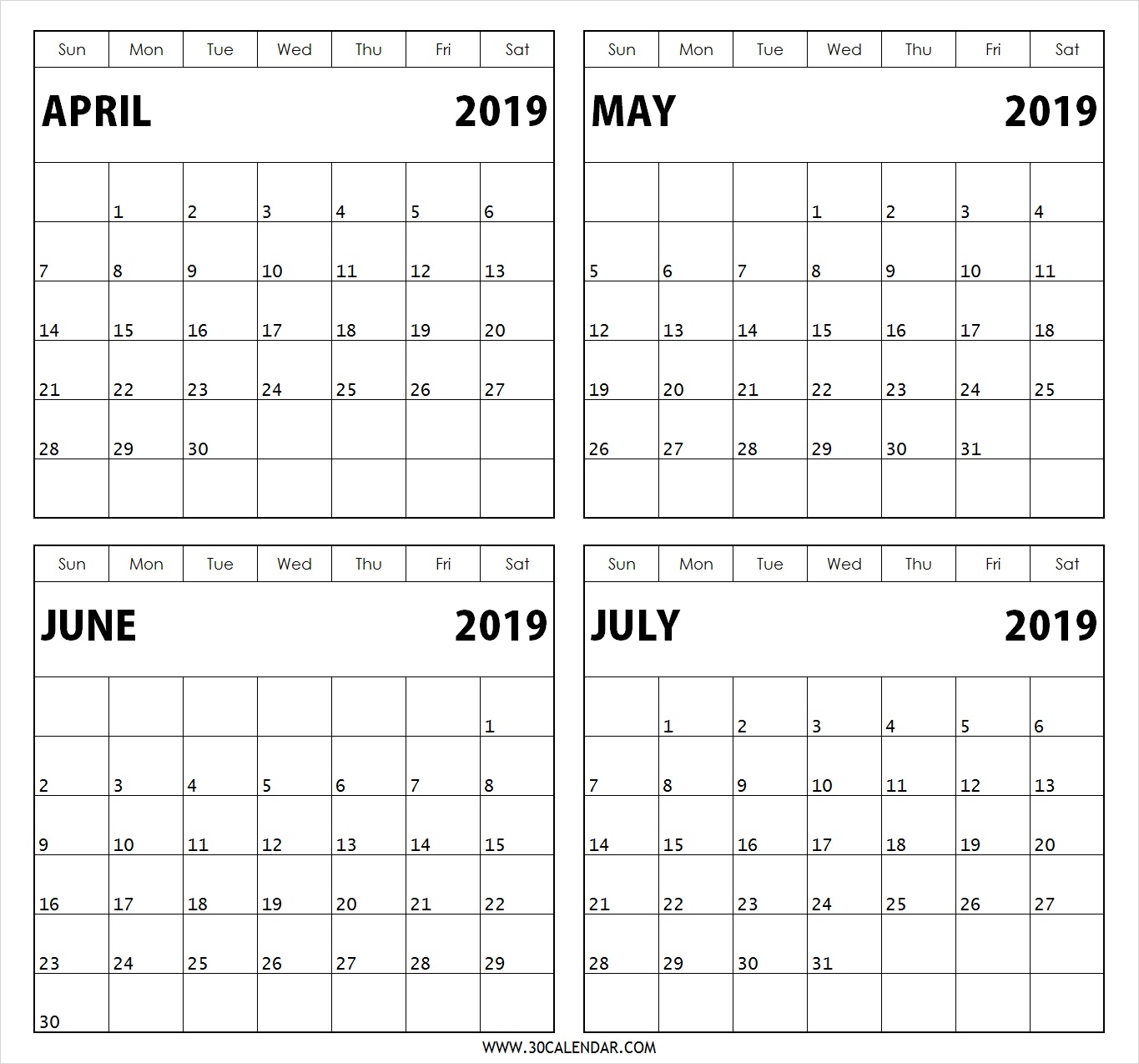 4 Month April May June July 2019 Calendar 30 Day Calendar 