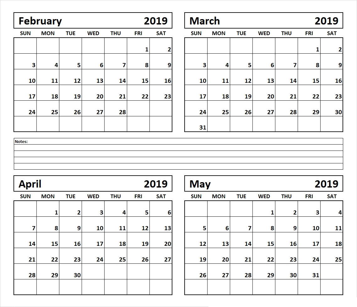 4 Month February March April May 2019 Calendar March April May 